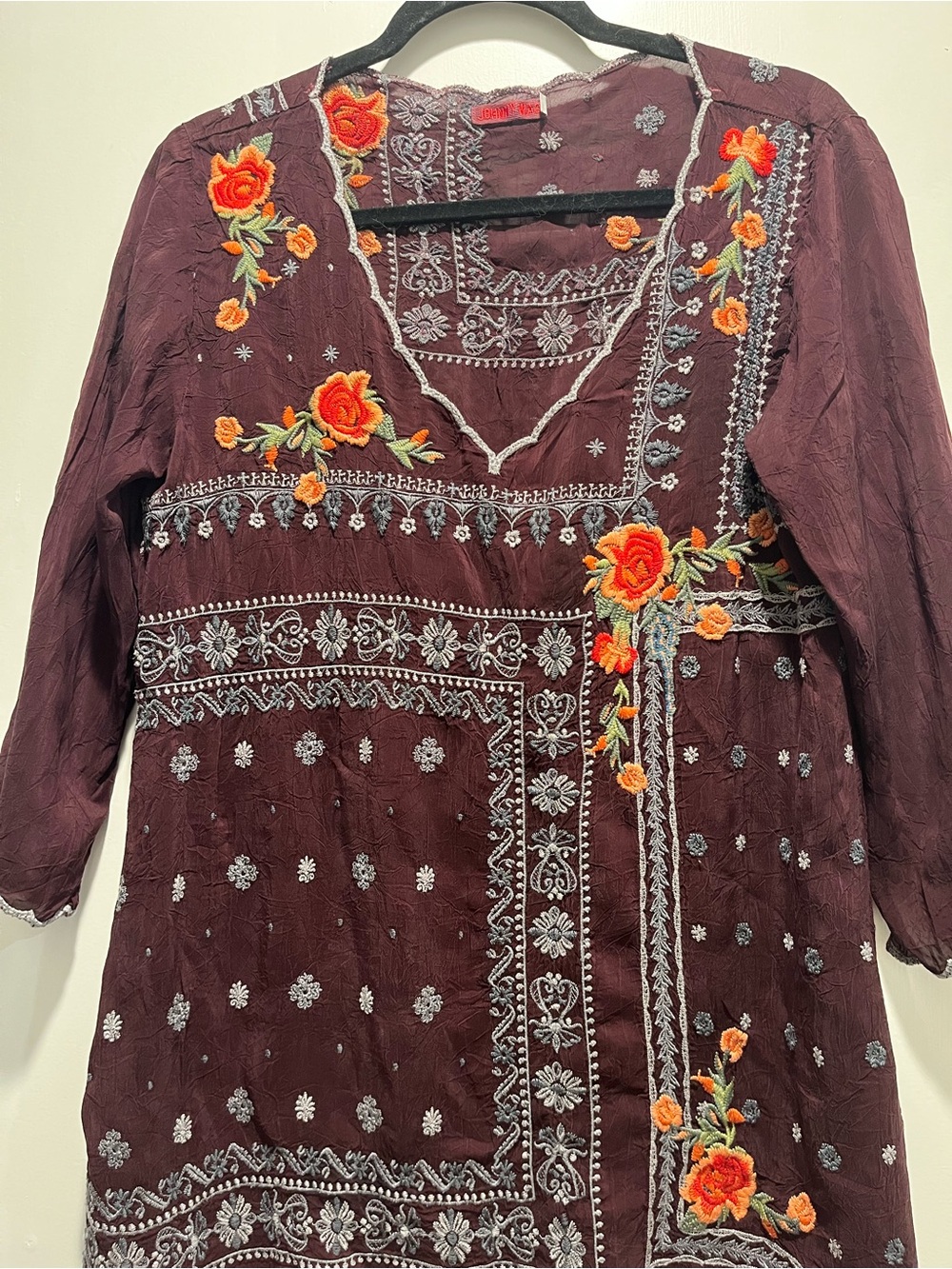 Johnny Was Embroidered Floral Tunicy Top - Deep Burgundy